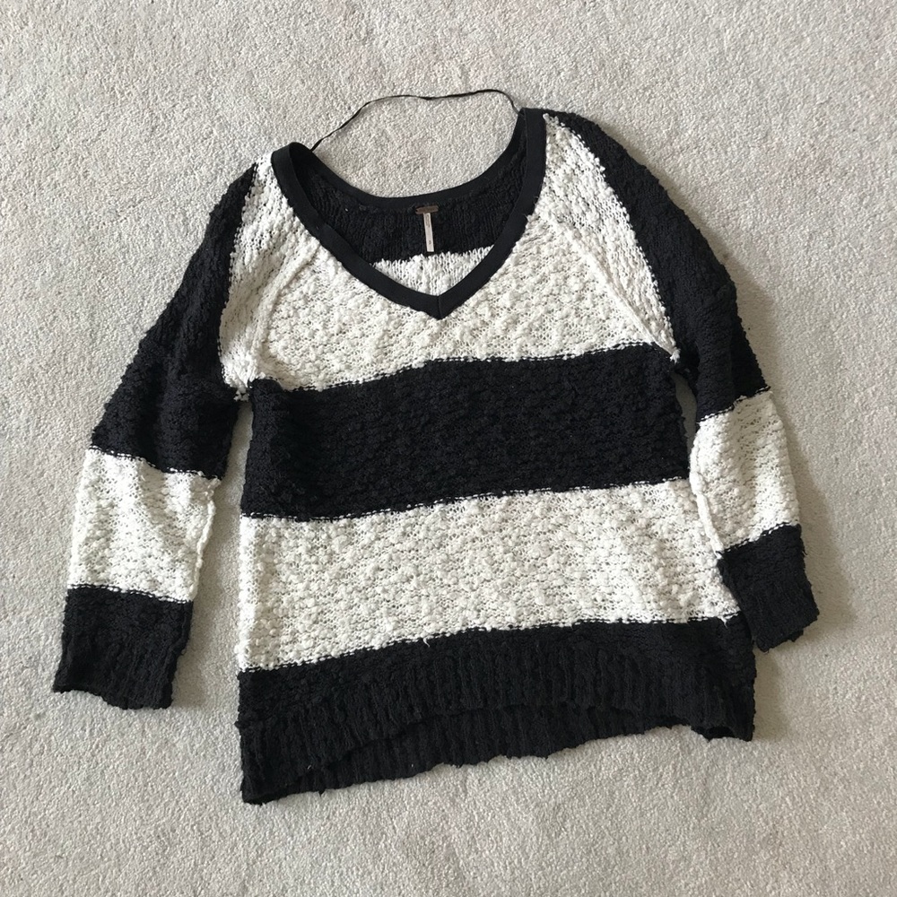 Free People V Neck Black And White Striped Sweater